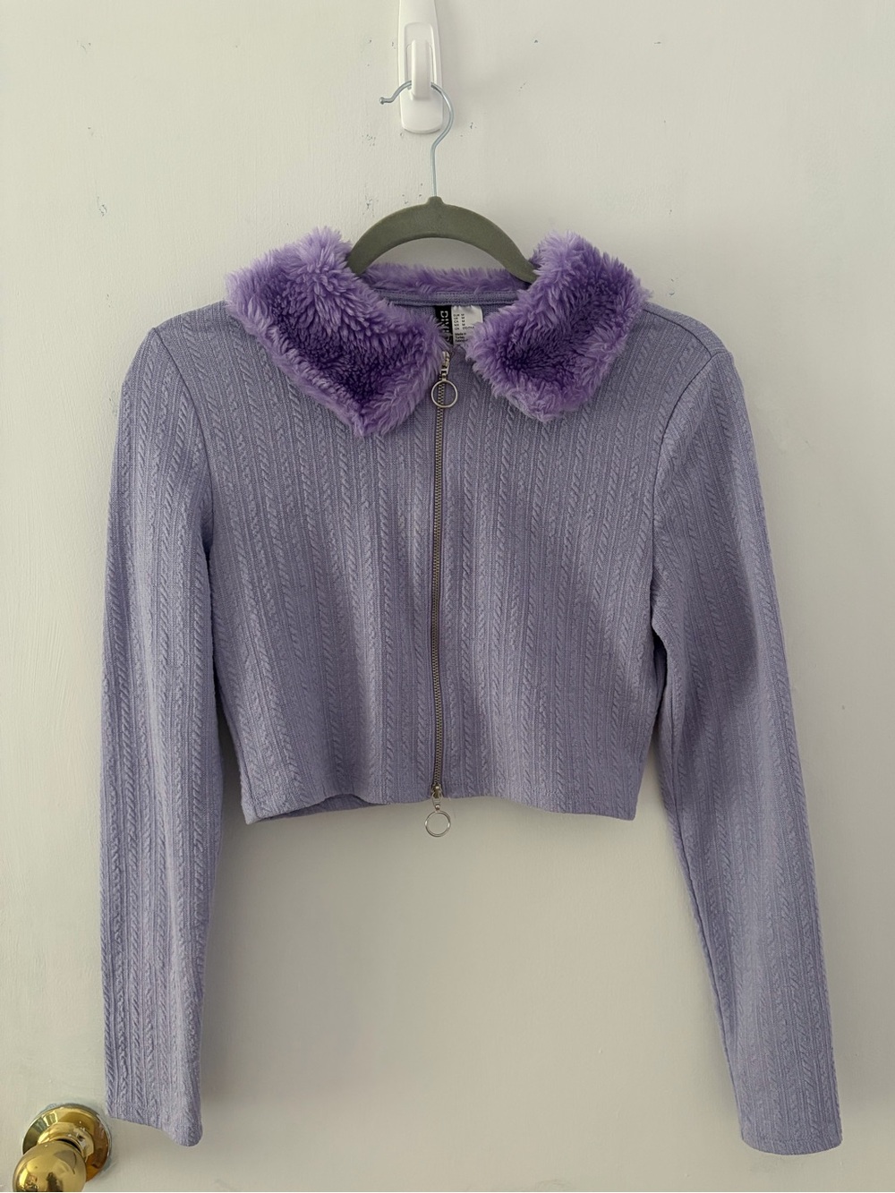 H&M Lavender Faux-Fur Collar Cropped Zip Jacket